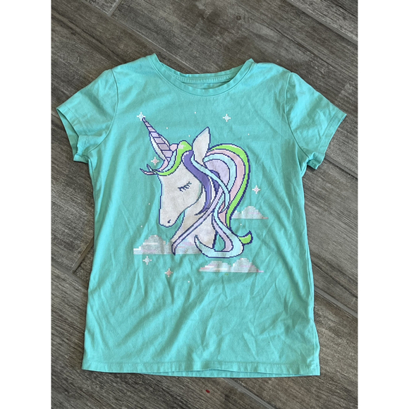 Cat &‎ Jack Unicorn Graphic Tee Pixel Art Short Sleeve Top Girls Size M - Picture 1 of 4